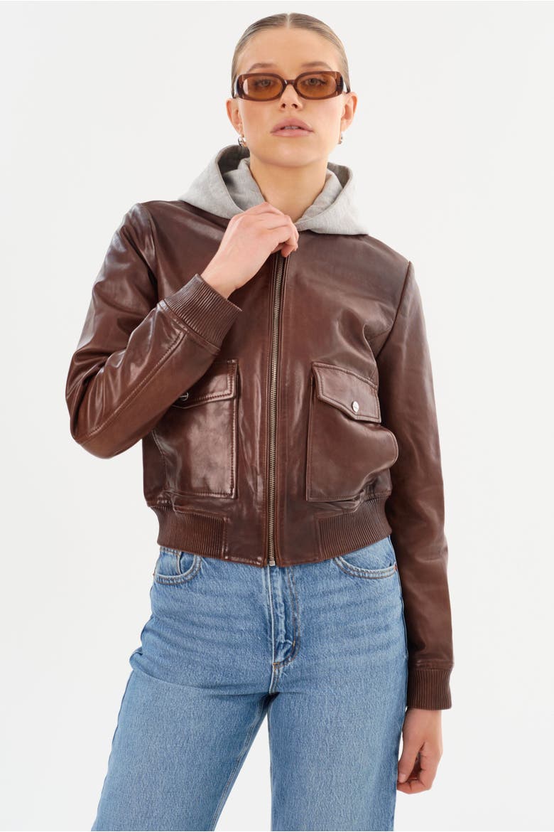 CANDACE | Leather Bomber Jacket, Alternate, color, Chocolate Brown/Heather Grey