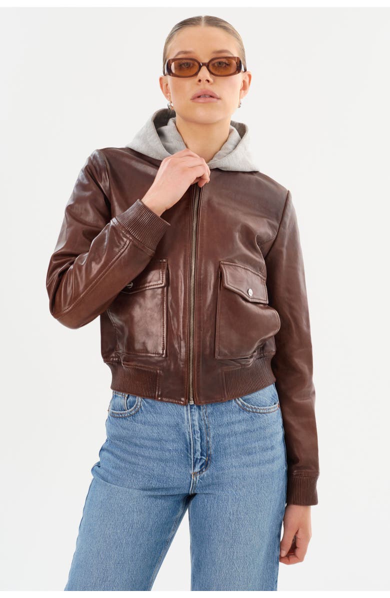 LAMARQUE CANDACE | Leather Bomber Jacket, Alternate, color, Chocolate Brown/Heather Grey