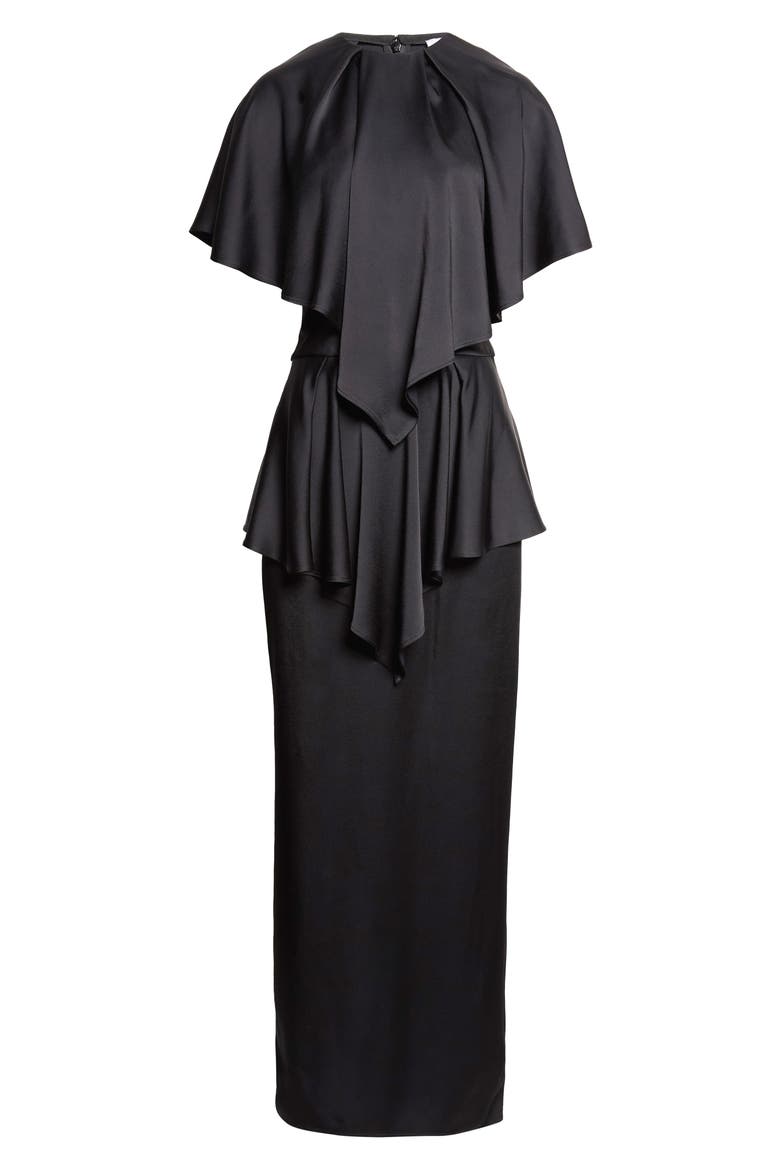 Lace Trim Satin Cape Gown, Main, color, BLACK