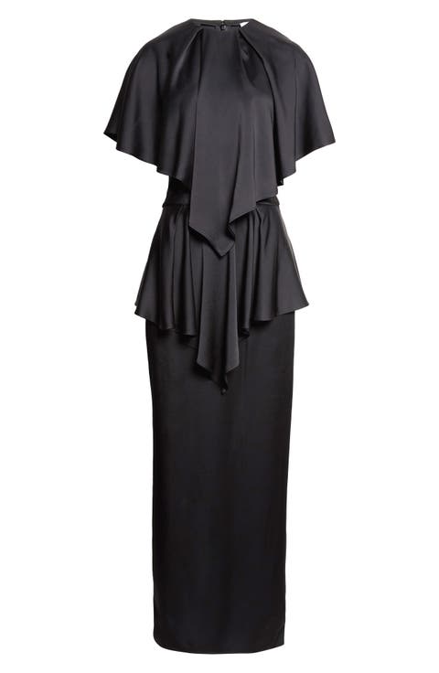 Lace Trim Satin Cape Gown
