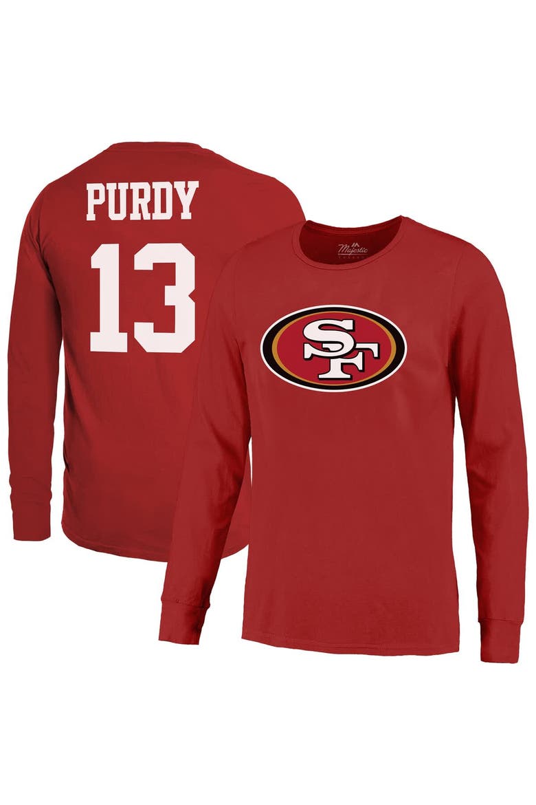 Men's Majestic Threads Brock Purdy Scarlet San Francisco 49ers Name & Number Long Sleeve T-Shirt, Main, color, Scarlet