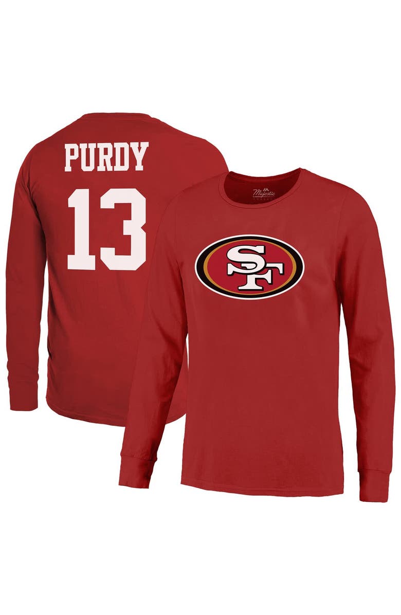 Majestic Threads Men's Majestic Threads Brock Purdy Scarlet San Francisco 49ers Name & Number Long Sleeve T-Shirt, Main, color, 