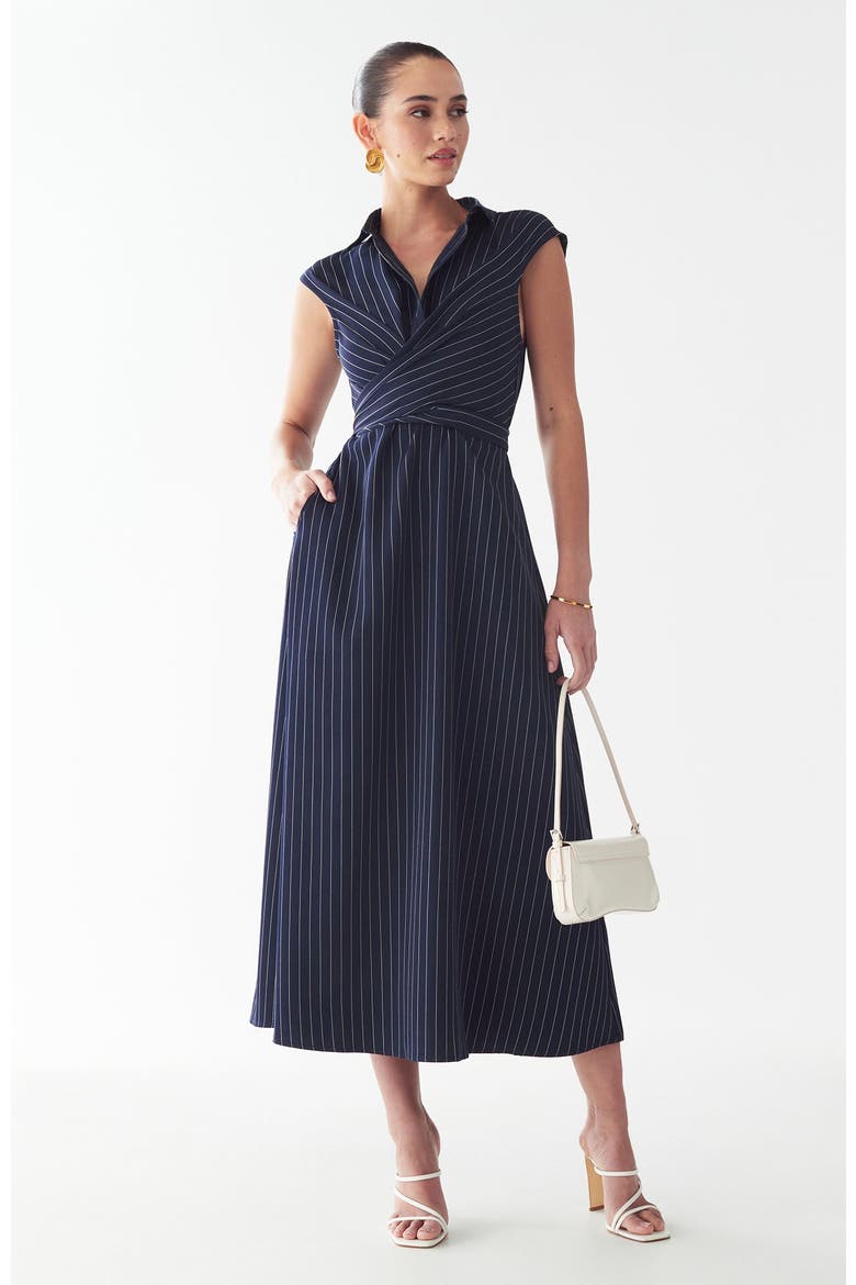 Gaia Midi Dress, Alternate, color, Navy Pinstripe