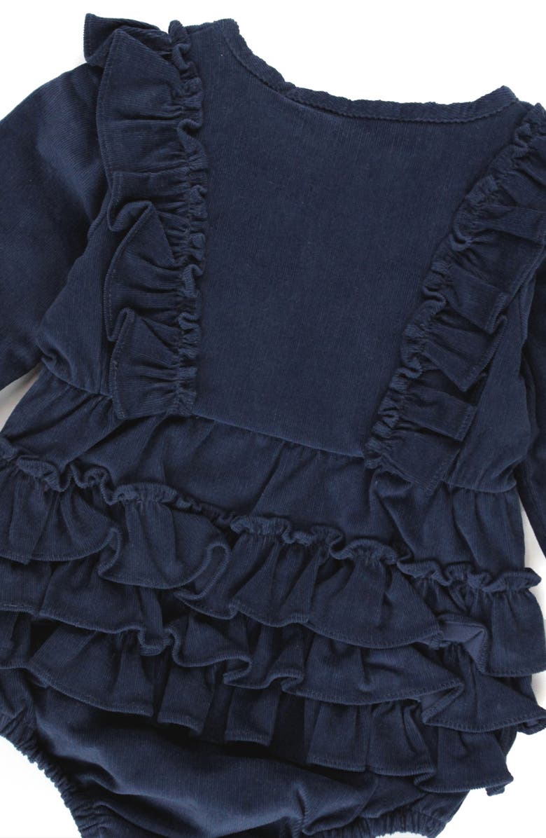 RuffleButts Ruffle Stretch Corduroy Romper & Rib Footless Tights Set, Alternate, color, 