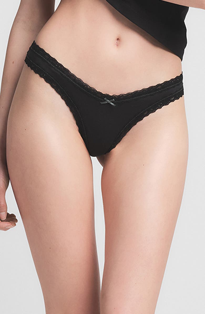 SKIMS Lightweight Cotton Lace Trim Thong, Main, color, Soot Tonal