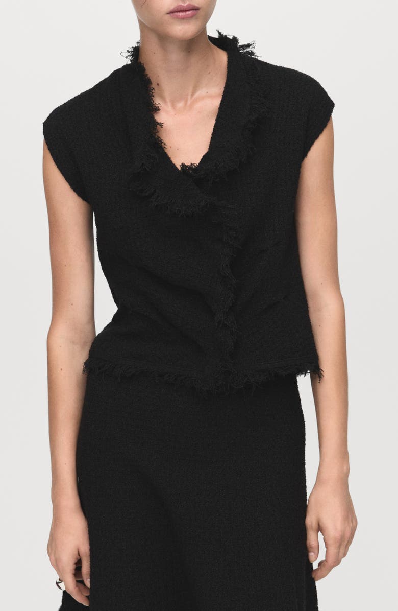 MANGO Fray Hem Tweed Miniskirt, Alternate, color, Black