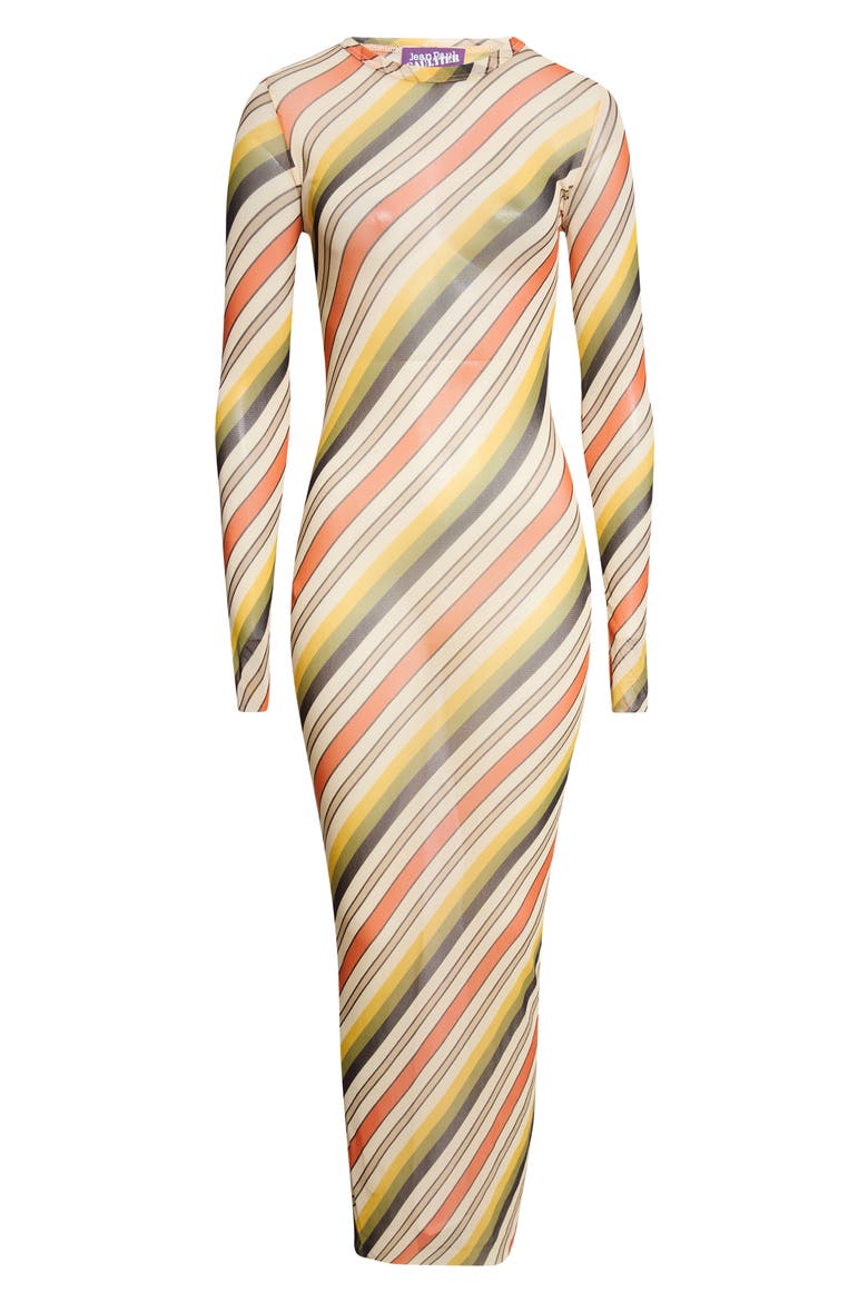 Retro Stripe Long Sleeve Mesh Body-Con Dress, Main, color, BEIGE MULTICOLOR
