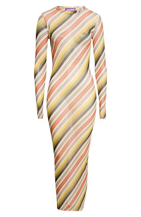Retro Stripe Long Sleeve Mesh Body-Con Dress