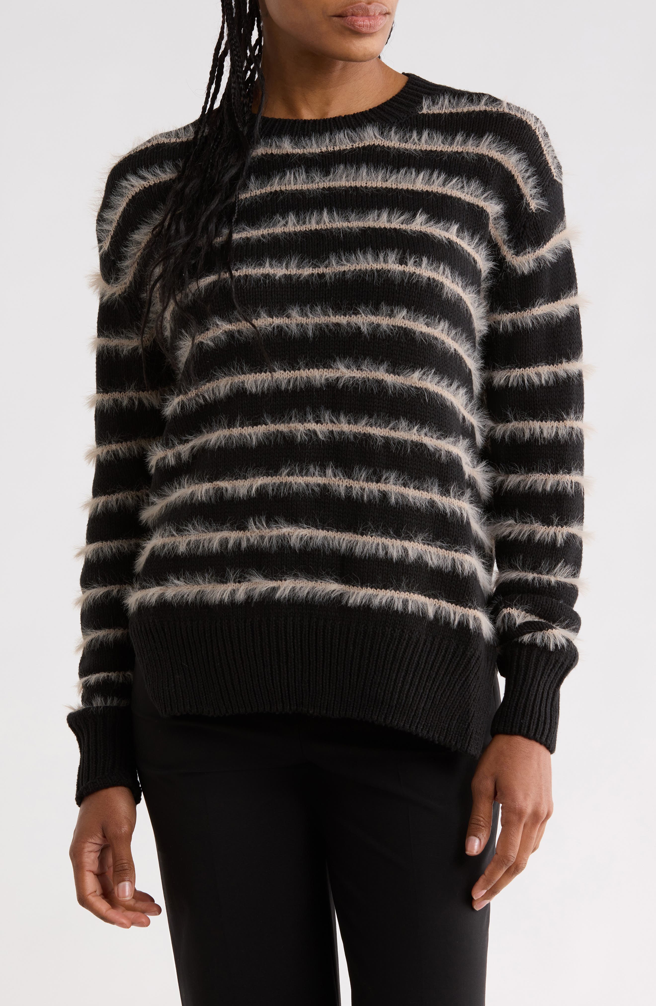 Striped Fuzzy Crewneck Sweater