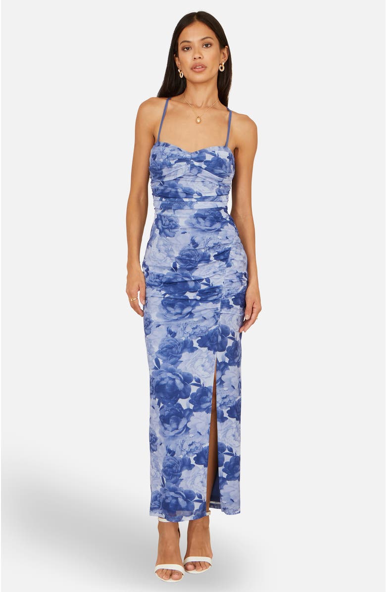 Yumi Mesh Ruched Midi Dress, Alternate, color, Blue