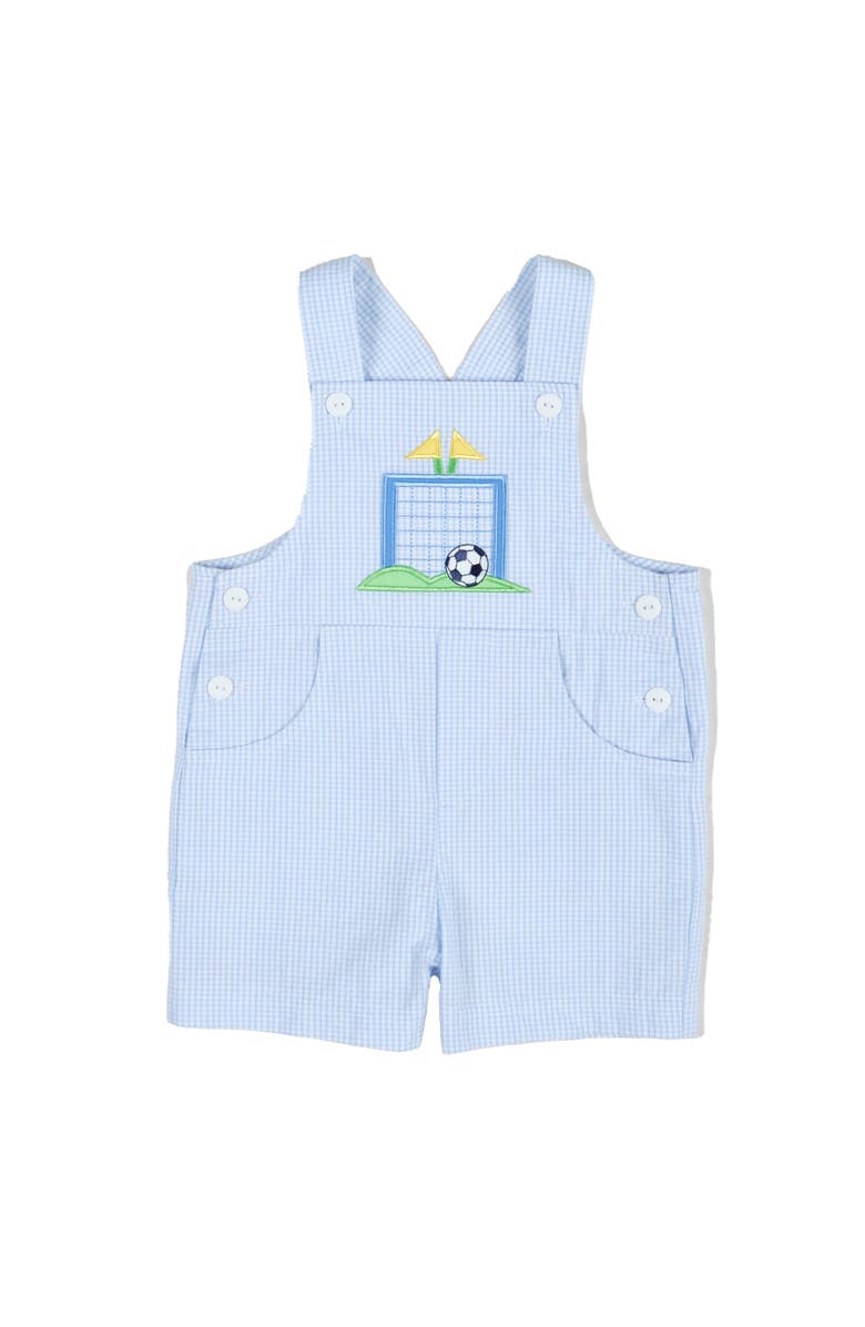 Florence Eiseman Check Seersucker Shortall With Soccer Goal, Main, color, Light Blue