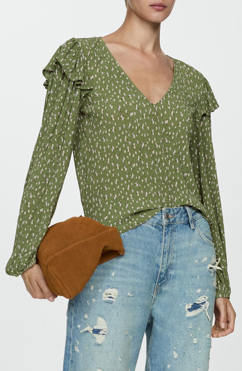 MANGO Ruffle Top, Main, color, Green
