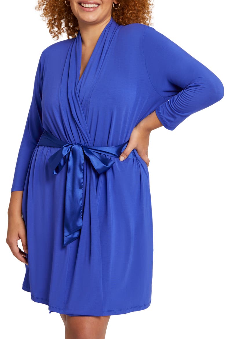 Iconic Short Knit Robe with Satin Tie, Alternate, color, SAPPHIREDNU