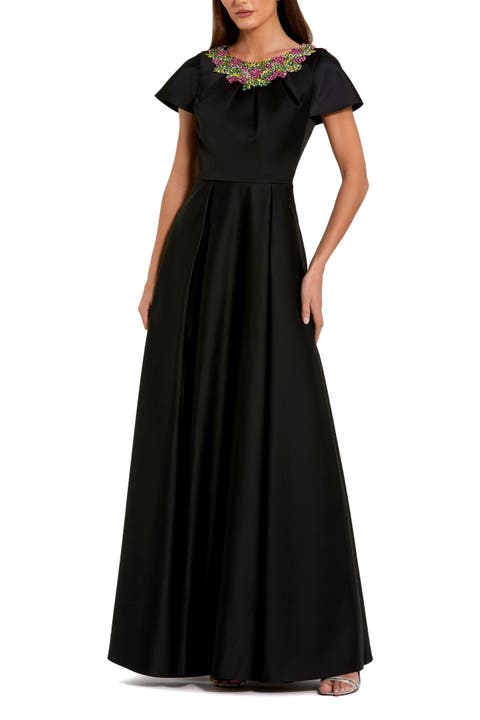 Satin Flutter Sleeve Beaded Neckline Gown