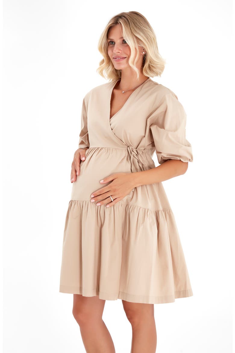 Waterfall Tie Waist A-Line Maternity/Nursing Wrap Dress, Alternate, color, BEIGE