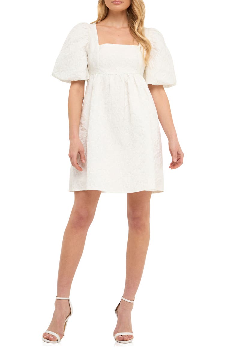 Open Back Floral Jacquard Puff Sleeve Minidress, Main, color, WHITE
