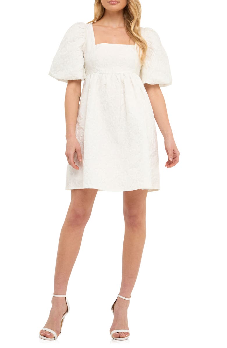 Endless Rose Open Back Floral Jacquard Puff Sleeve Minidress, Main, color, White
