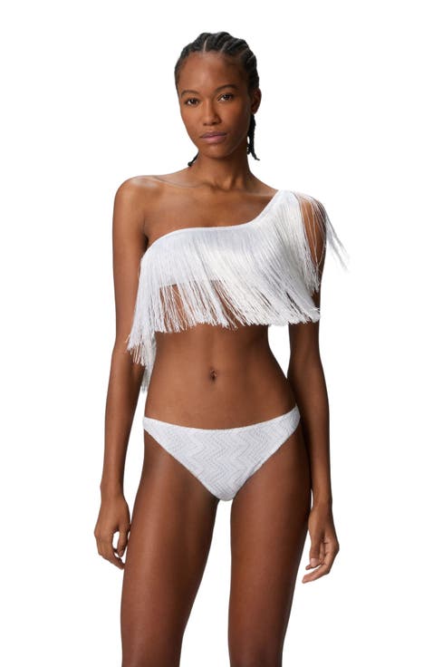 One-shoulder Zigzag Lamé Viscose Bikini With Fringes