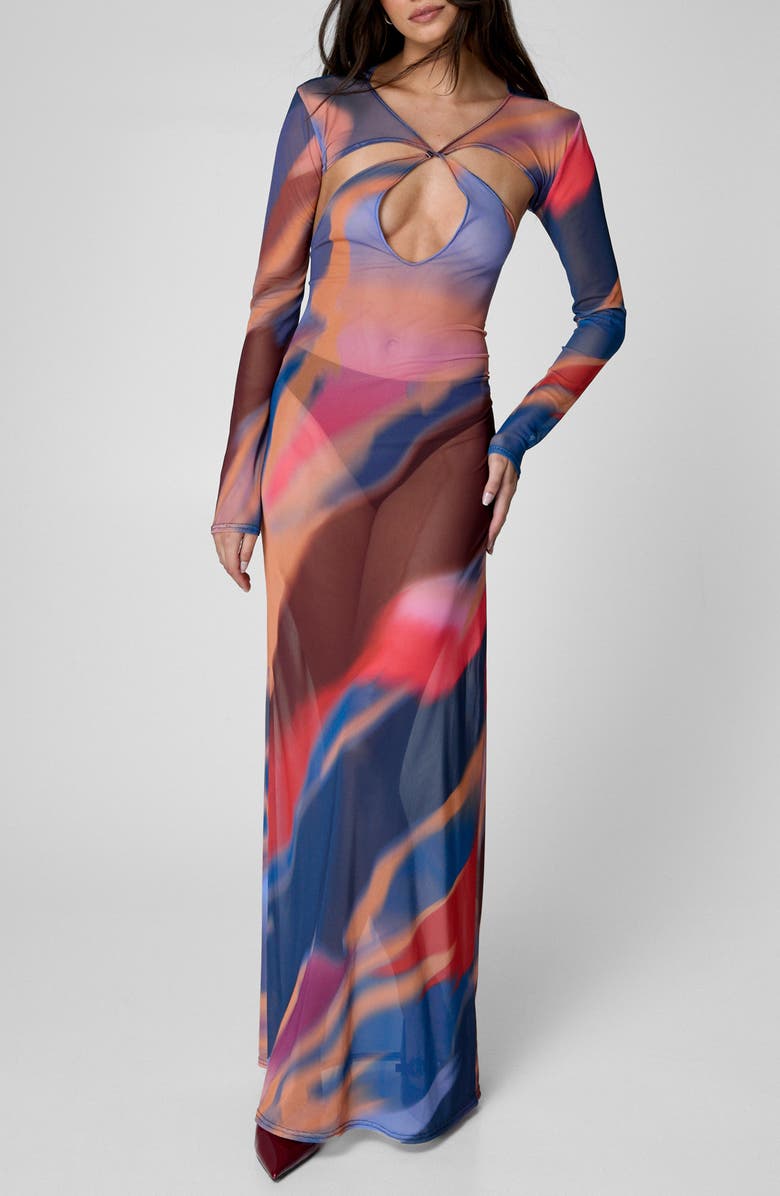 NASTY GAL Abstract Print Long Sleeve Mesh Maxi Dress, Main, color,