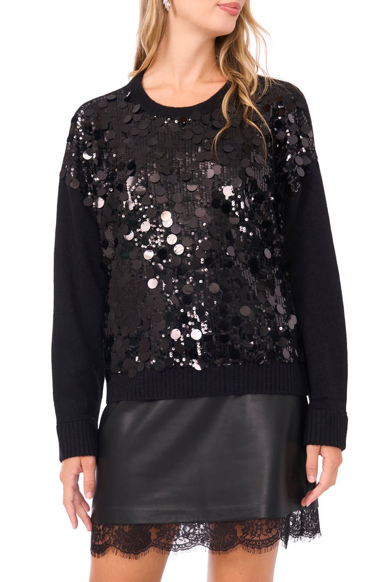 Paillette Crewneck Sweater, Main, color, RICH BLACK
