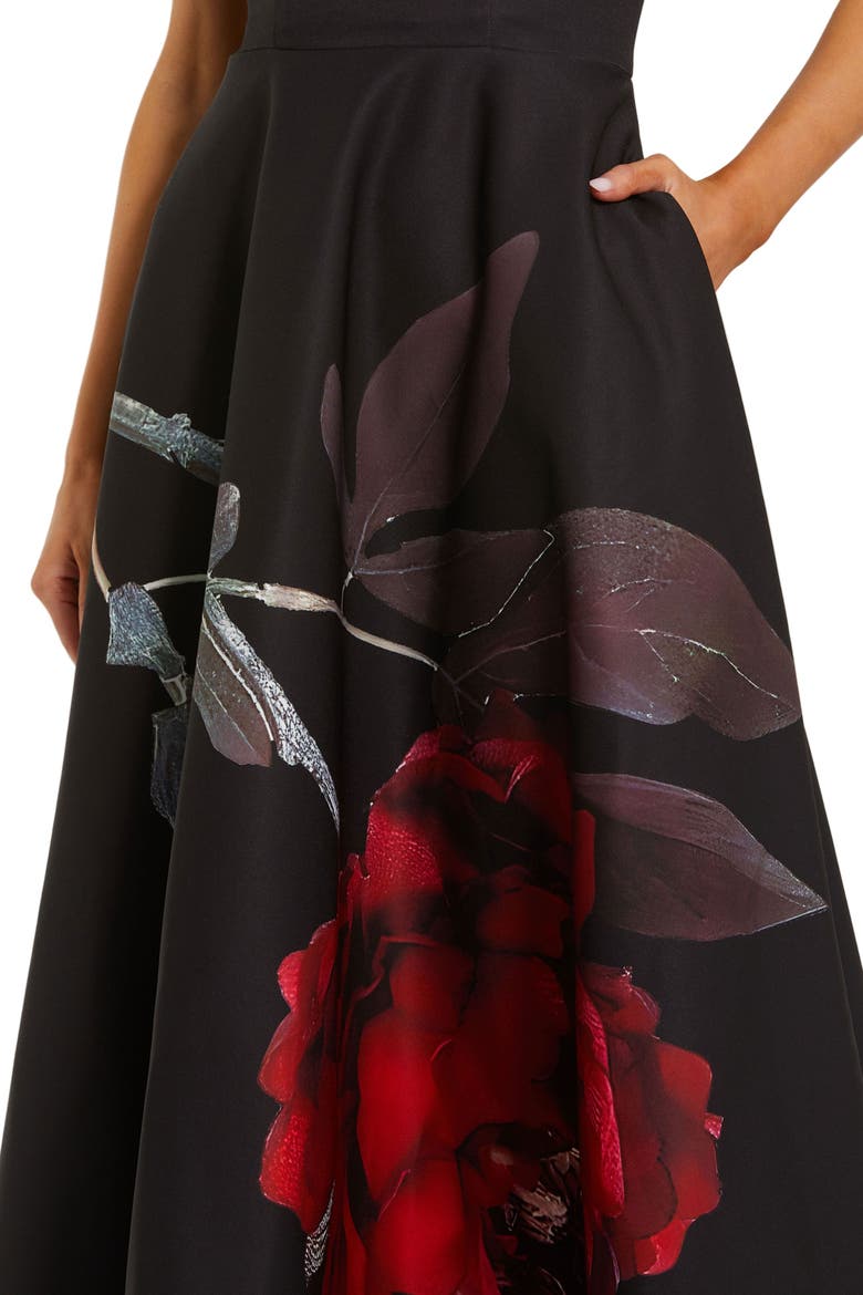 Crepe Printed Strapless Midi Dress With Pockets, Alternate, color, Black Rose