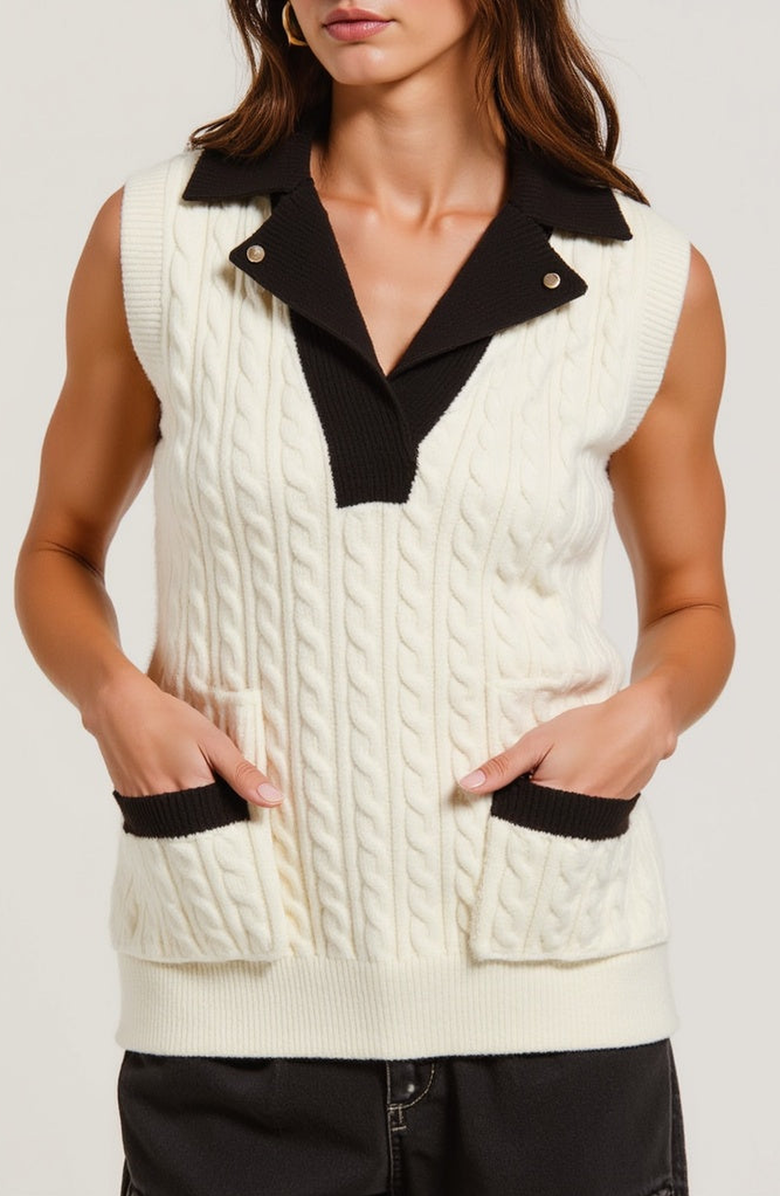 Modenaire Sleeveless Cable Knit Vest with Contrast Collar and Pocket Accents, Alternate, color,