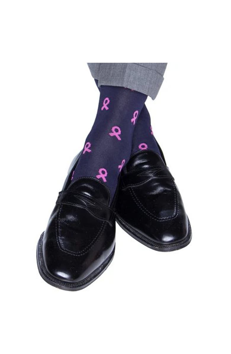Trafalgar Breast Cancer Awareness Mid-Calf Mercerized Cotton Socks, Alternate, color, Navy With Pink Ribbons