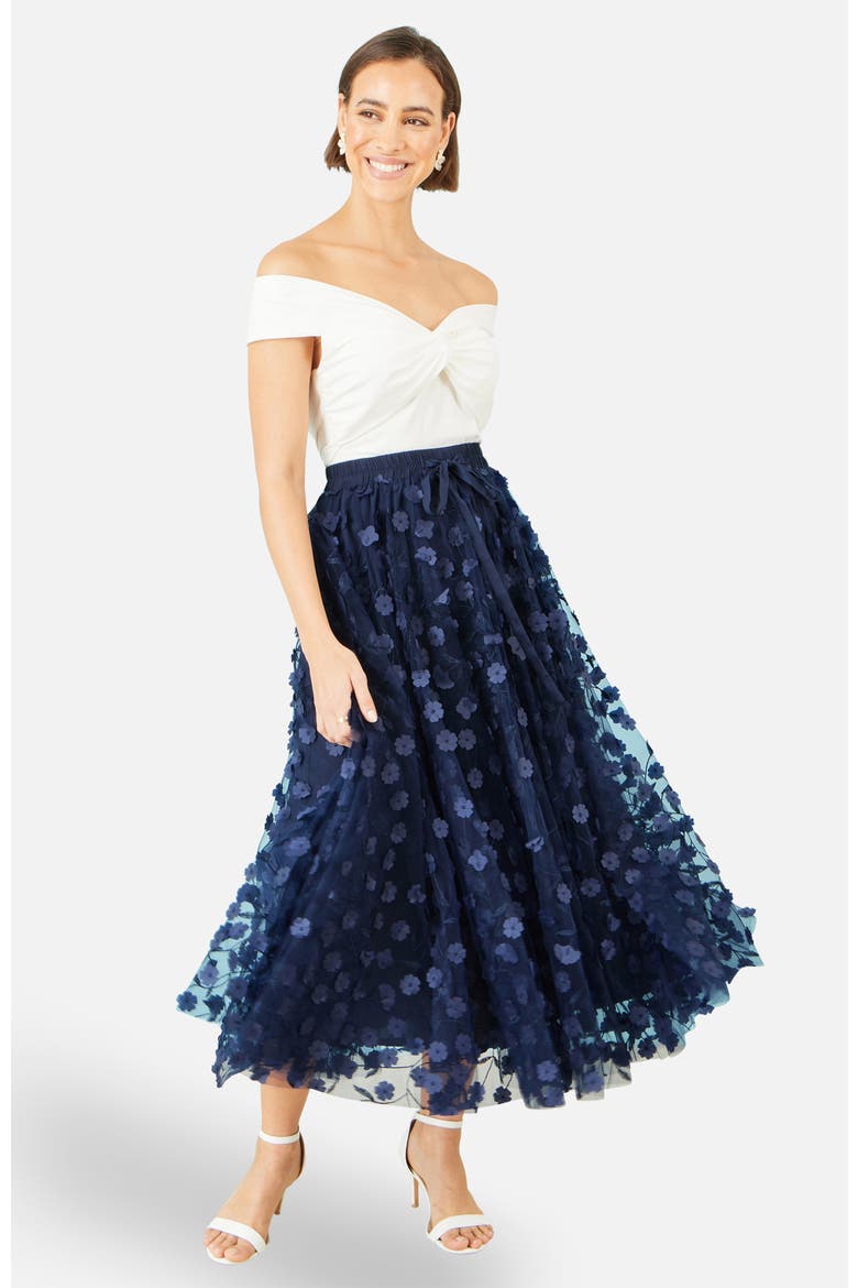 Mesh Floral Applique Midi Skirt, Alternate, color, Navy