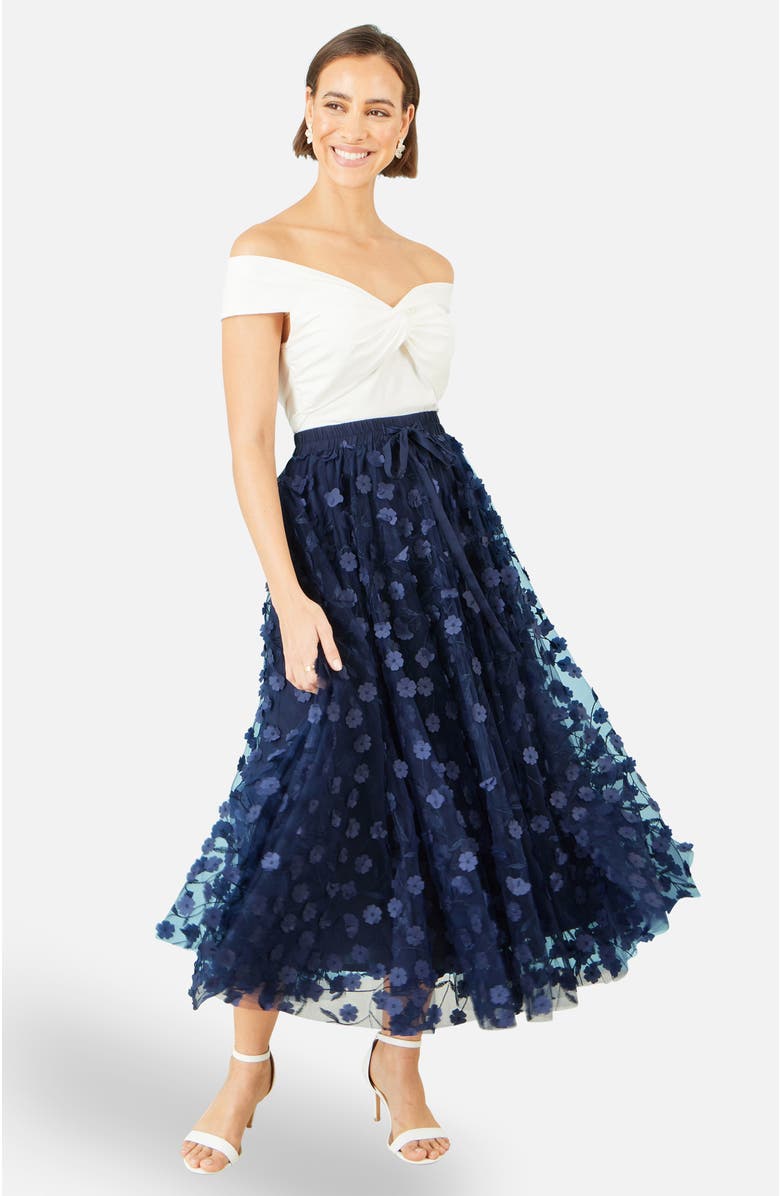 Yumi Mesh Floral Applique Midi Skirt, Alternate, color, Navy