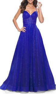 La Femme A-Line Prom Dress with Sequin Lining and Illusion Top