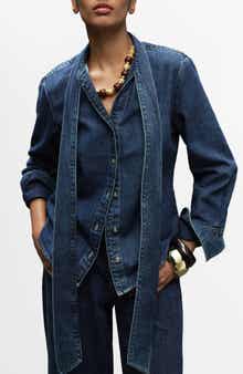 MANGO Rue Tie Neck Denim Button-Up Shirt