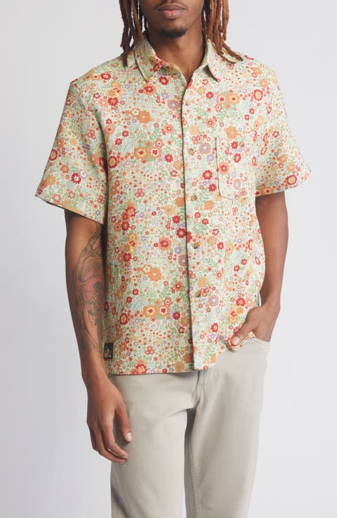 Clerk Floral Jacquard Short Sleeve Cotton Button-Up Shirt