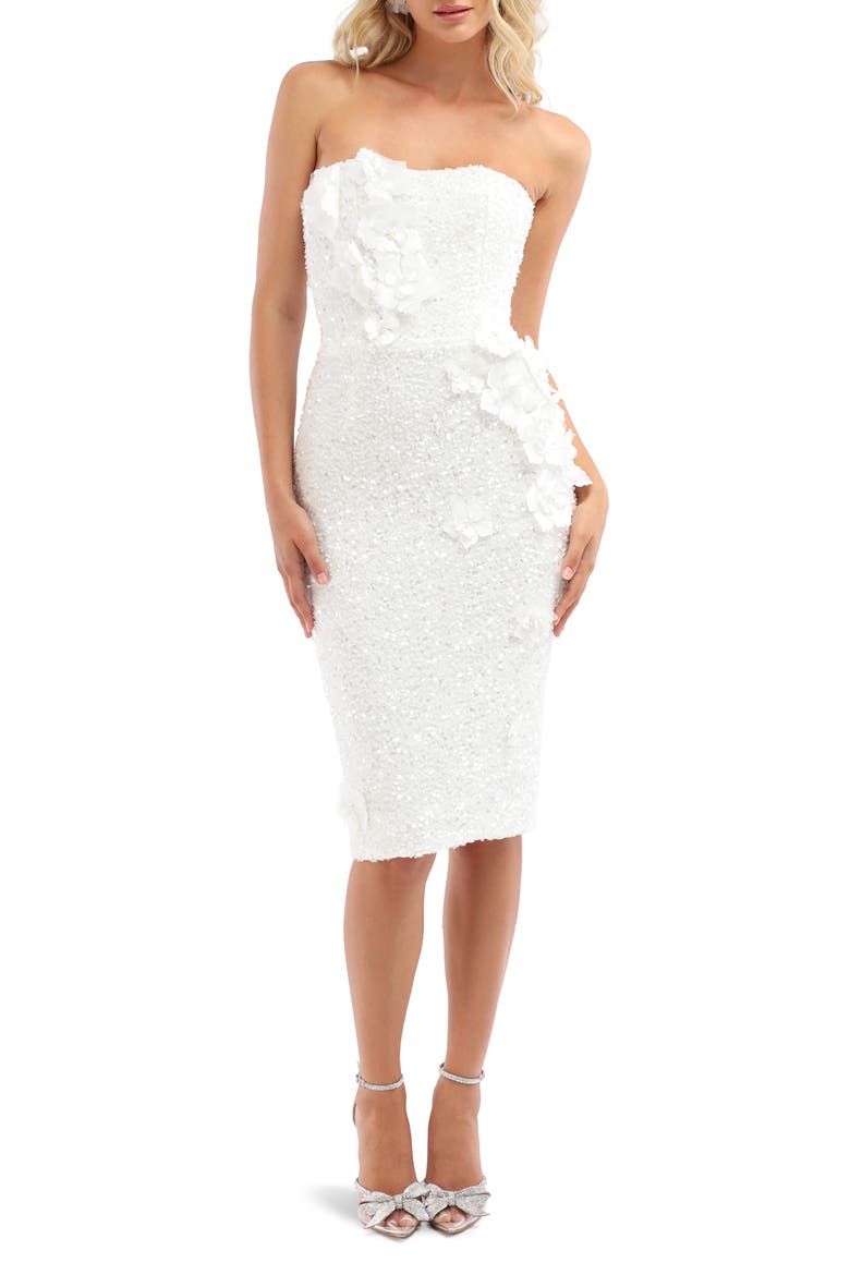 Liliana Sequin Floral Appliqué Strapless Cocktail Dress, Main, color, WHITE