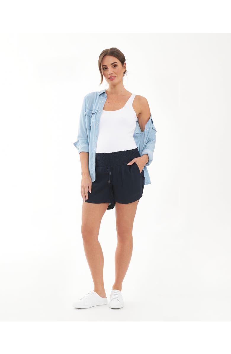 Ripe Maternity Indi Shirred Maternity Linen Short With Smocked Waist, Alternate, color, Navy