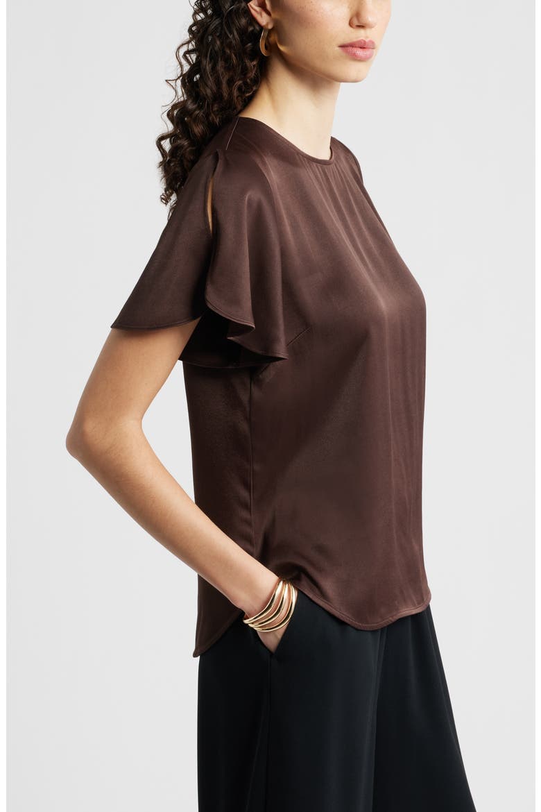 Flutter Sleeve Satin Top, Alternate, color, BROWN COFFEE