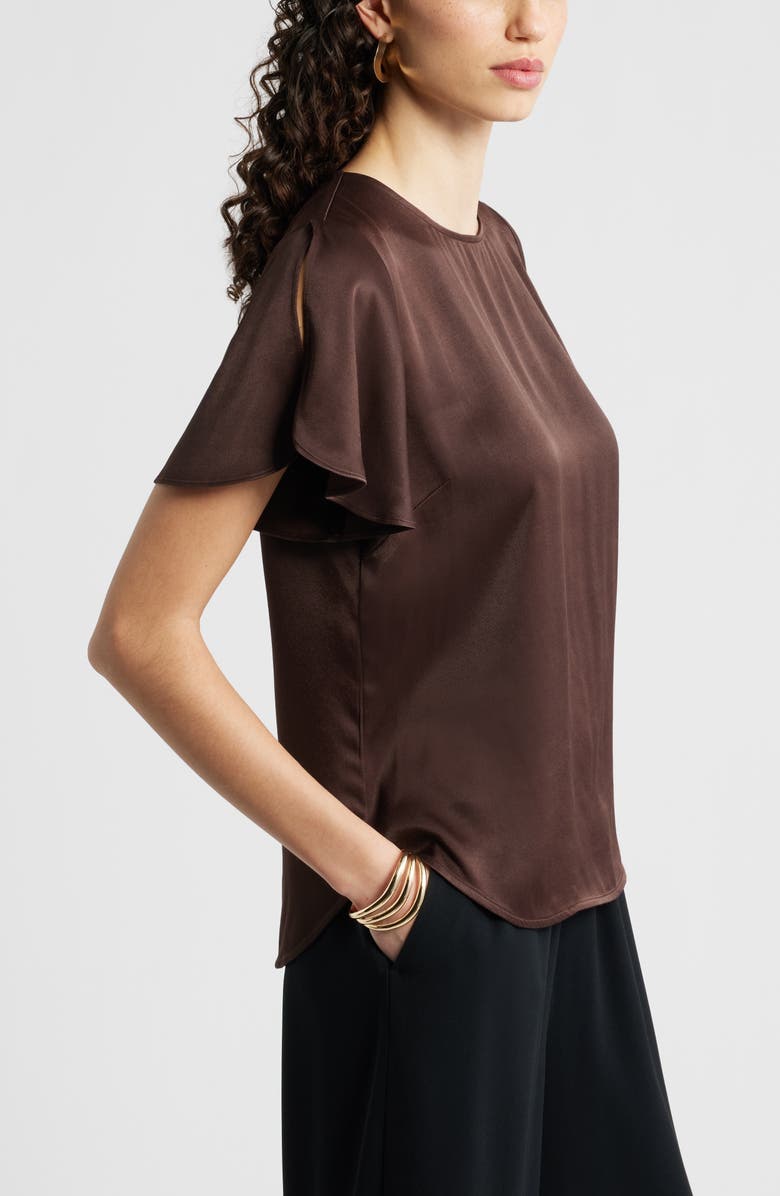 Nordstrom Flutter Sleeve Satin Top, Alternate, color, Brown Coffee