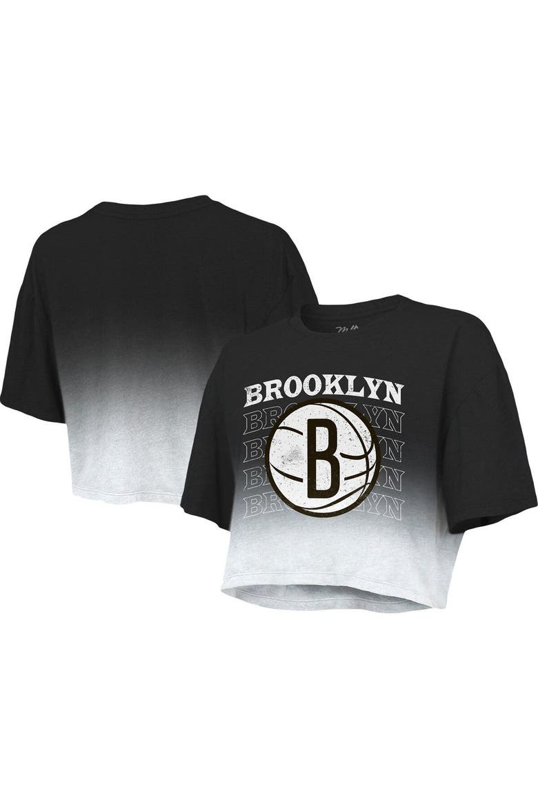Women's Majestic Threads Black/White Brooklyn Nets Repeat Dip-Dye Cropped T-Shirt, Main, color, Black