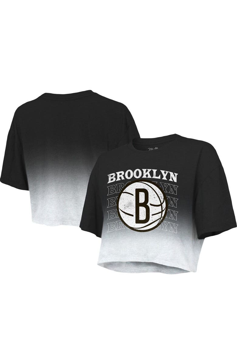 Majestic Threads Women's Majestic Threads Black/White Brooklyn Nets Repeat Dip-Dye Cropped T-Shirt, Main, color, Black