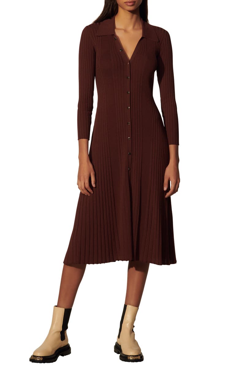 SANDRO Long Sleeve Knit Maxi Shirtdress, Main, color,