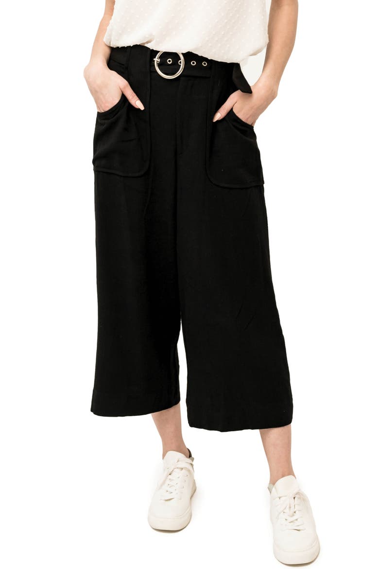Belted Crop Wide Leg Pants, Main, color, BLACK