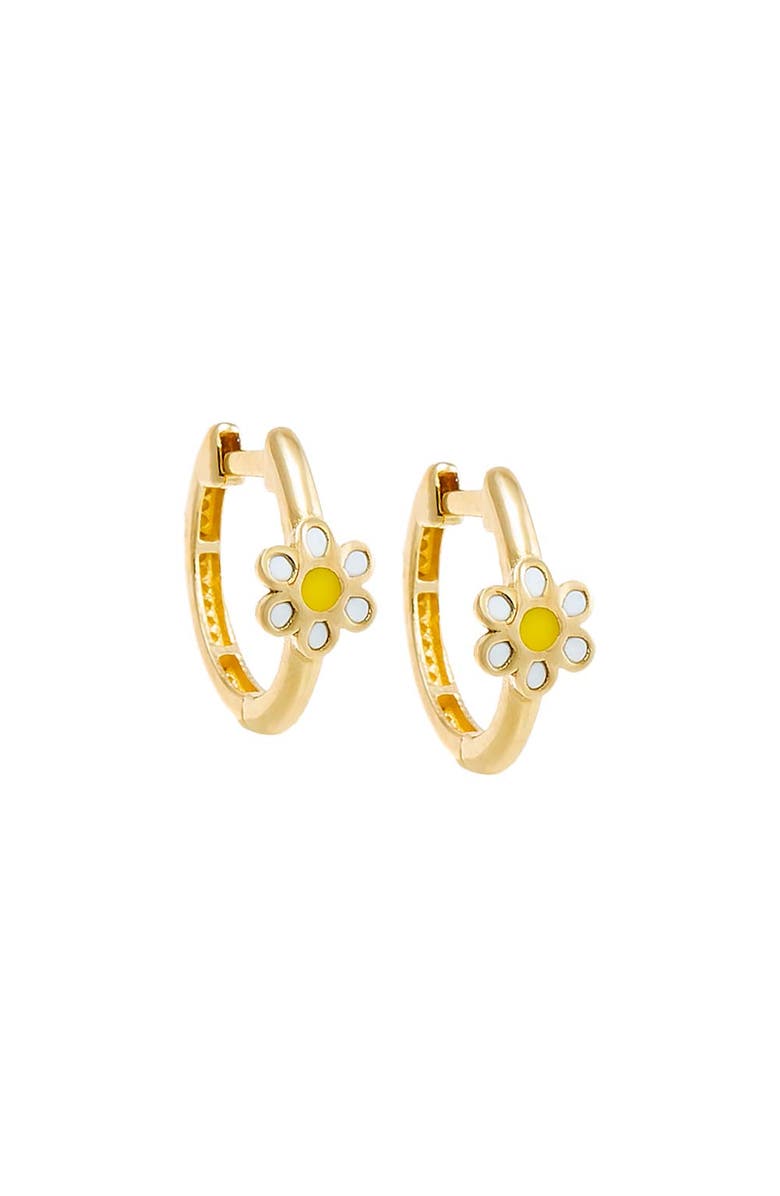 BY ADINA EDEN Kids White & Yellow Enamel Flower Huggie Earring 14K, Main, color,