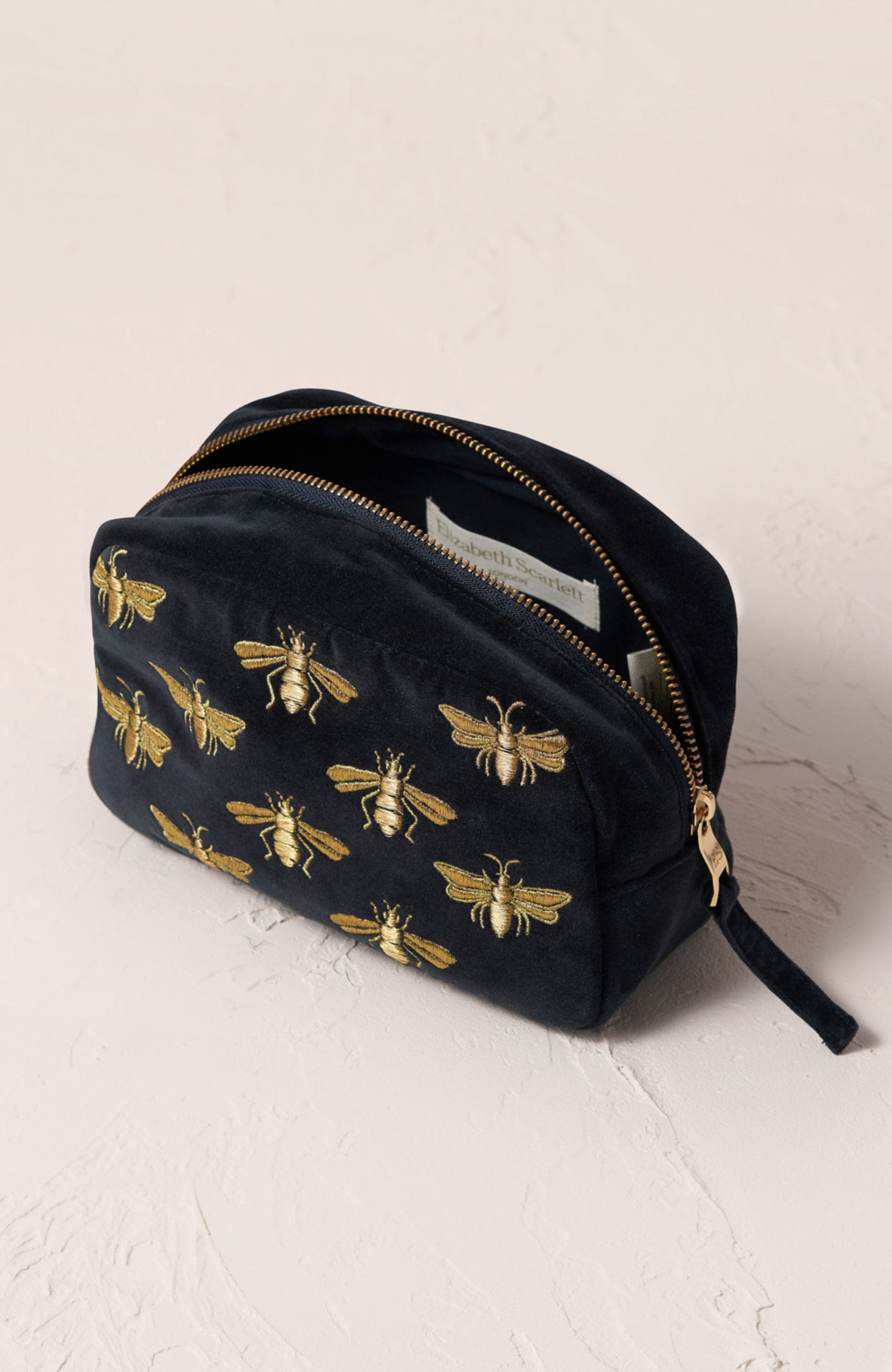 Honey Bee Velvet Makeup Bag, Alternate, color, Charcoal