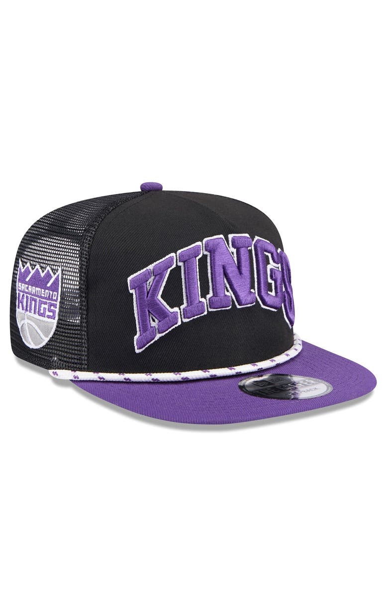 New Era Men's New Era Black/Purple Sacramento Kings Throwback Team Arch Golfer Snapback Hat, Main, color,