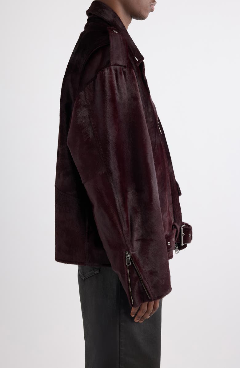 Dries Van Noten Genuine Calf Hair Biker Jacket, Alternate, color, Burgundy