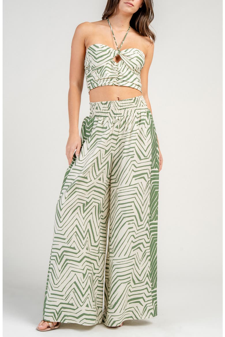 Printed Two-Piece Halter Top and Wide Leg Pants Set, Alternate, color, IVORY / GREEN