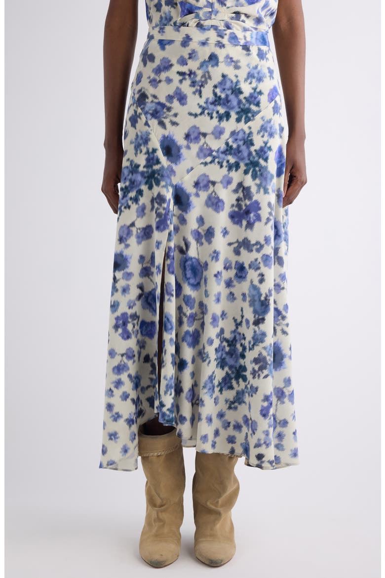 Sakura Floral Ikat Print Stretch Silk Skirt, Main, color, BLUE