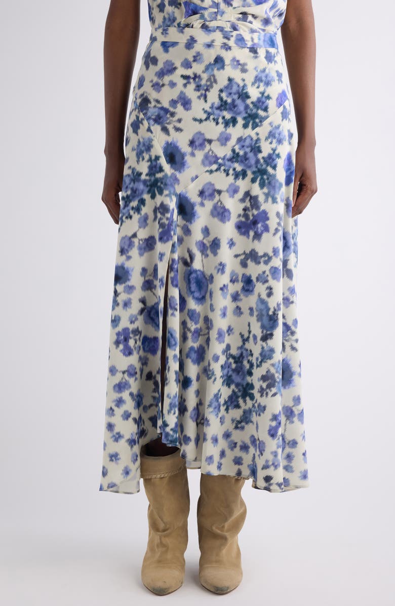 Isabel Marant Sakura Floral Ikat Print Stretch Silk Skirt, Main, color, Blue