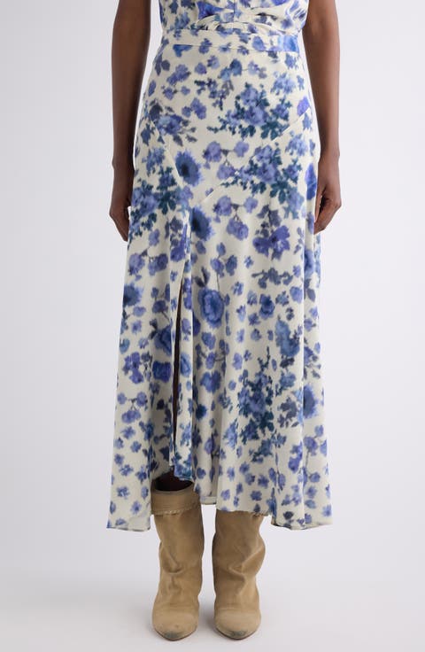 Sakura Floral Ikat Print Stretch Silk Skirt