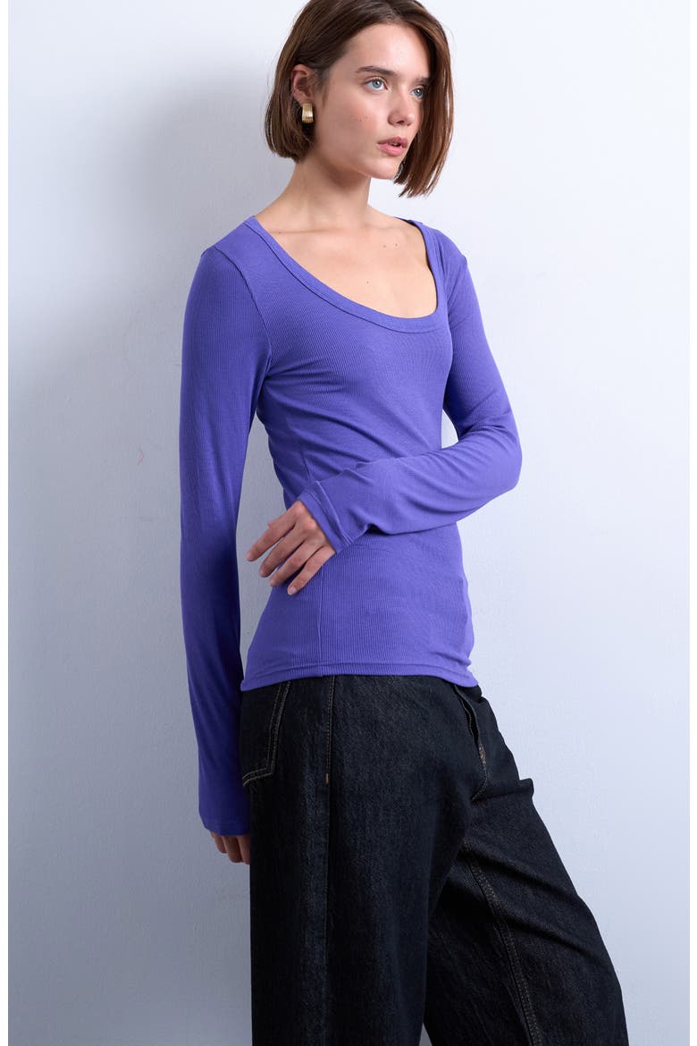 Scoop Neck Long Sleeve Rib Top, Main, color, PURPLE