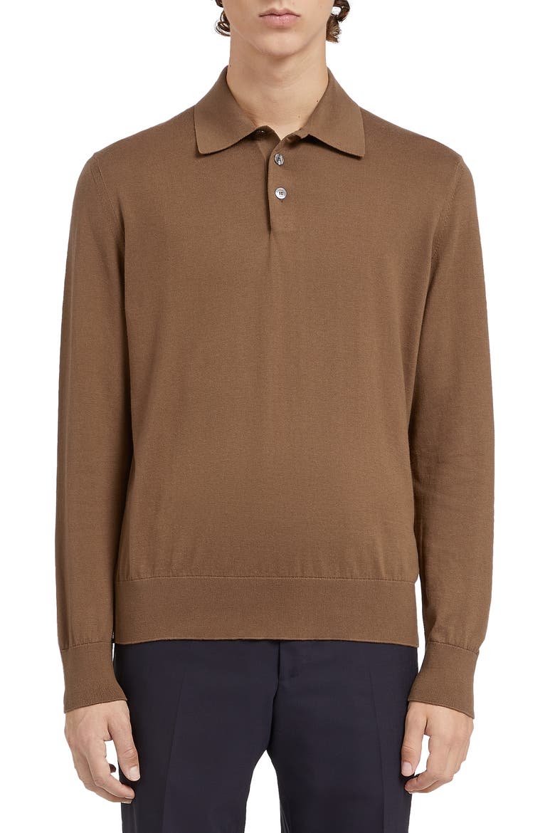 Long Sleeve Cotton & Cashmere Polo, Main, color, BROWN